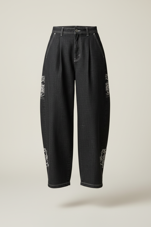 Pantalon Baggy Noir Brodé Ample Denim Streetwear Femme - Jean - vue 3