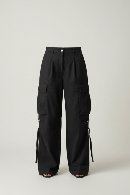 Pantalon Baggy Noir Cargo Ample Streetwear Poches - Toile - vue 3
