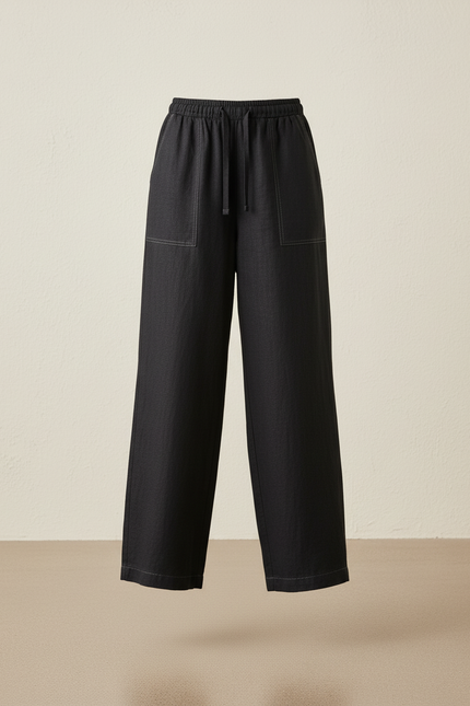 Pantalon Baggy Noir Lin Fluide Taille Haute - vue 3