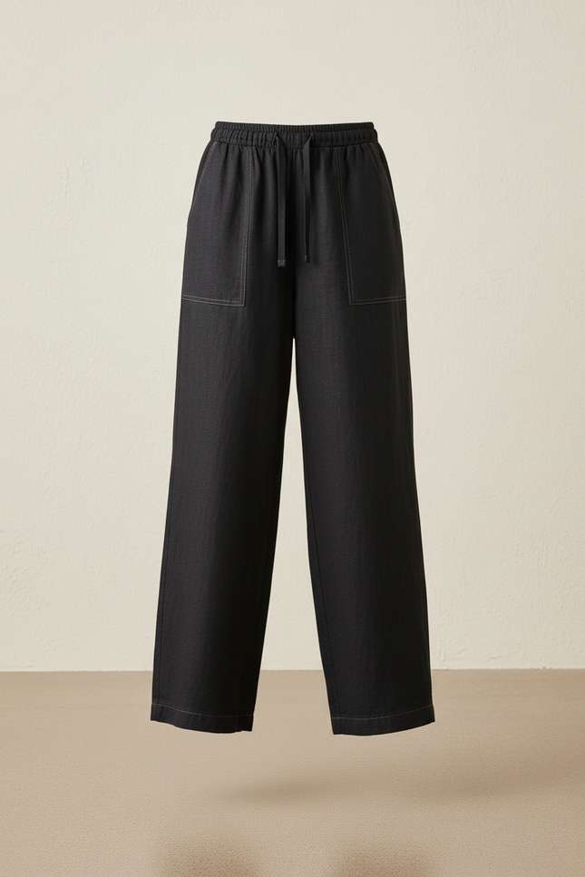 Pantalon Baggy Noir Lin Fluide Taille Haute - vue 3
