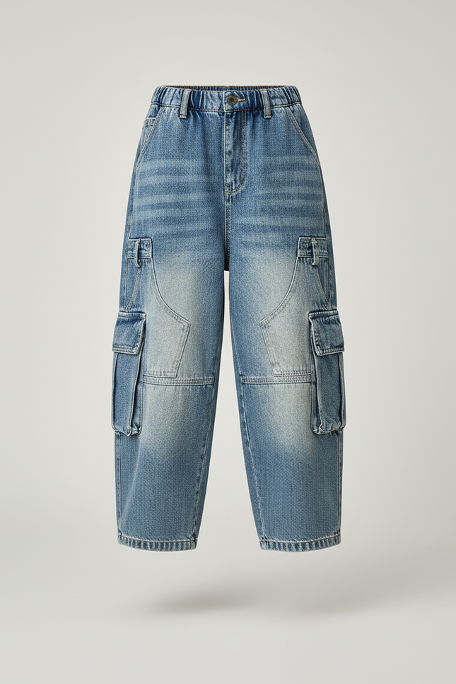 Pantalon Baggy Jean Bleu Délavé Cargo Ample Enfant - vue 3