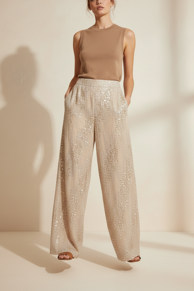 Pantalon Baggy Beige Pailleté Ample Brillant Femme - Polyester - vue 3