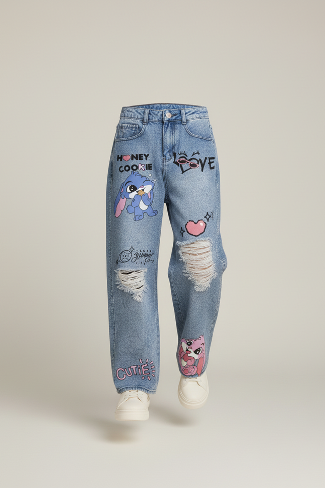 Pantalon Baggy Jean Bleu Délavé Imprimé Lapin Fille - vue 3