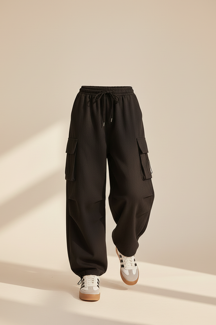 Pantalon Baggy Noir Ample Poches Cargo Cordon - Molleton - vue 3