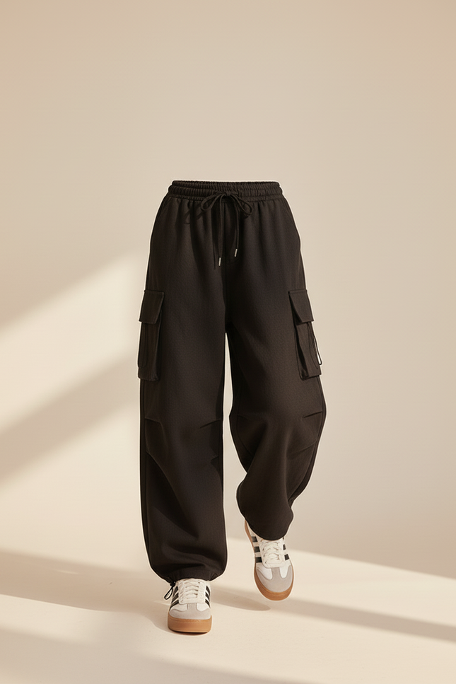 Pantalon Baggy Noir Ample Poches Cargo Cordon - Molleton - vue 3