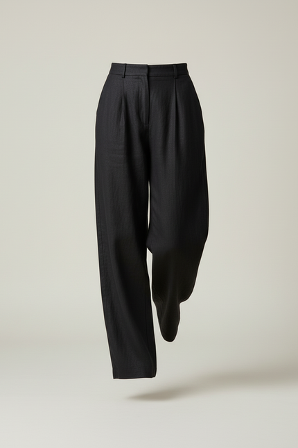 Pantalon Baggy Noir Lin Ample Plissé Élégant - vue 3