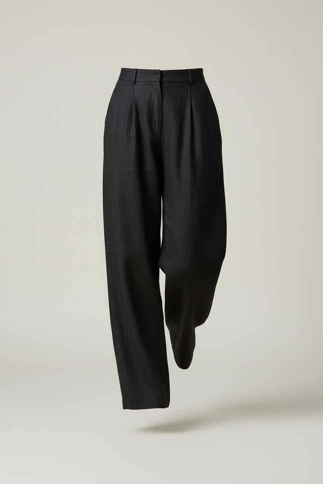 Pantalon Baggy Noir Lin Ample Plissé Élégant - vue 3