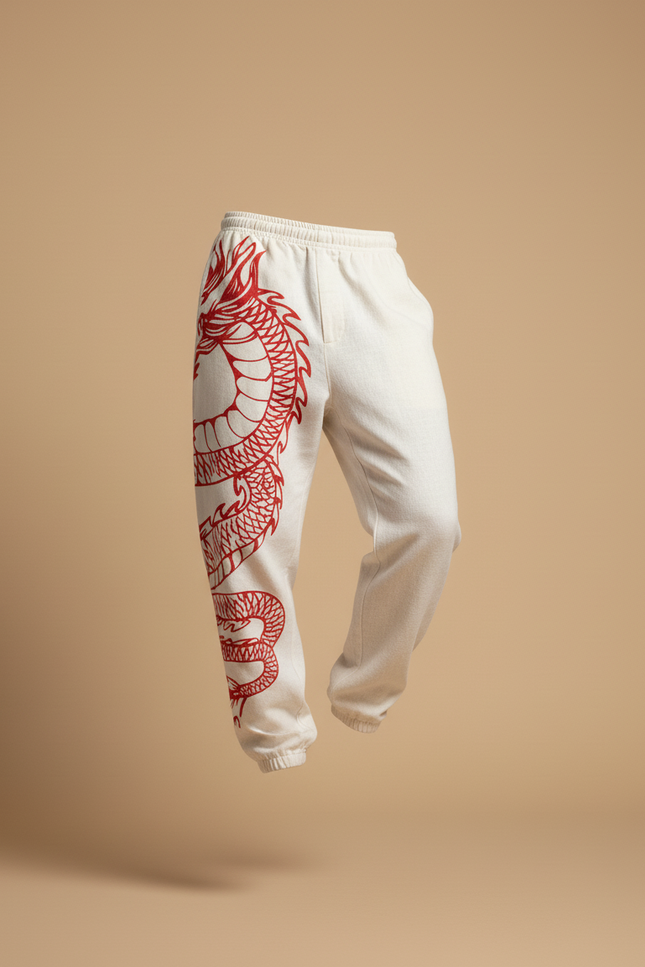 Pantalon Baggy Blanc Brodé Dragon Décontracté Ample - Molleton - vue 3