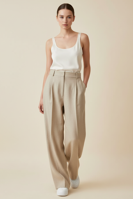Pantalon Baggy Beige Plissé Ample Taille Haute Chic - Lin - vue 3