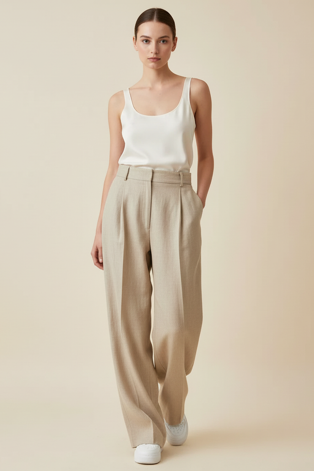 Pantalon Baggy Beige Plissé Ample Taille Haute Chic - Lin - vue 3