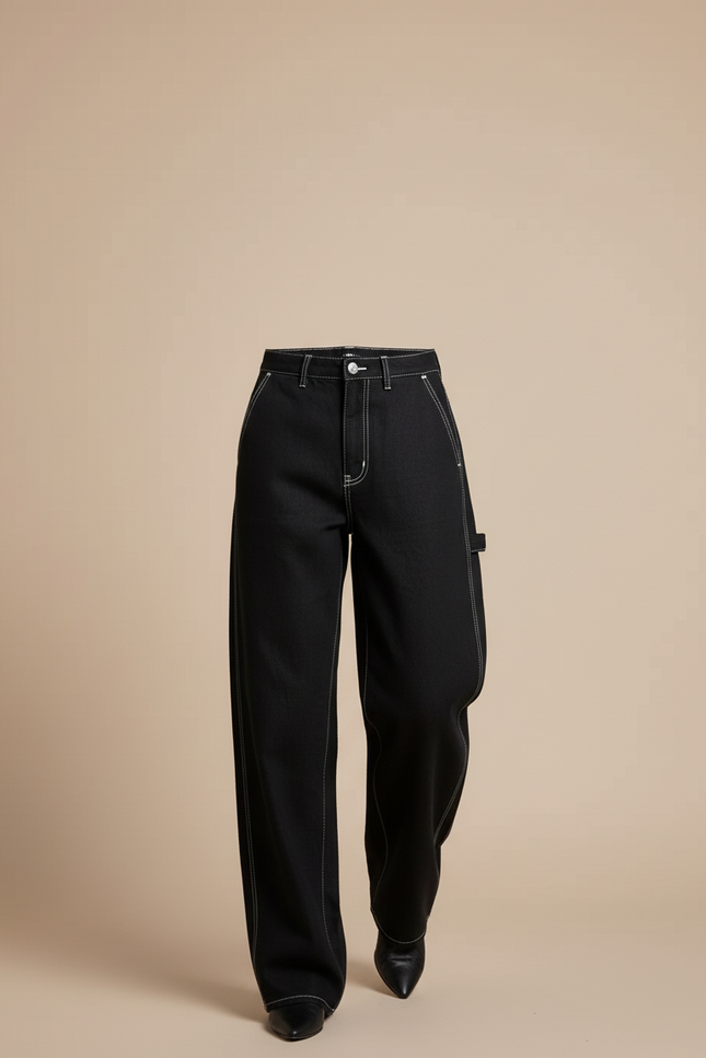 Pantalon Baggy Noir Couture Blanche Ample Femme - Toile - vue 3
