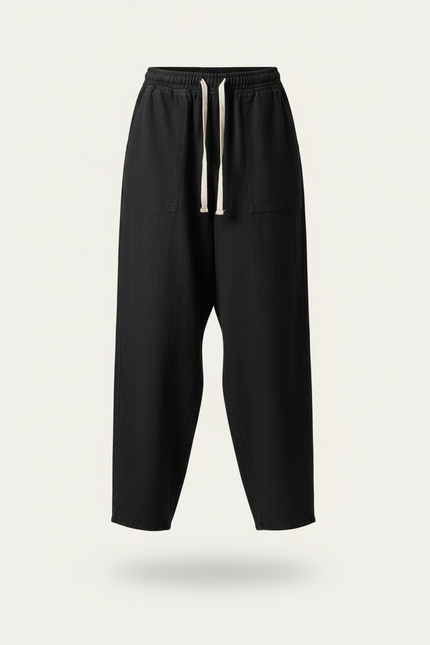 Pantalon Baggy Noir Ample Fluide Cordon Femme - Lin - vue 3