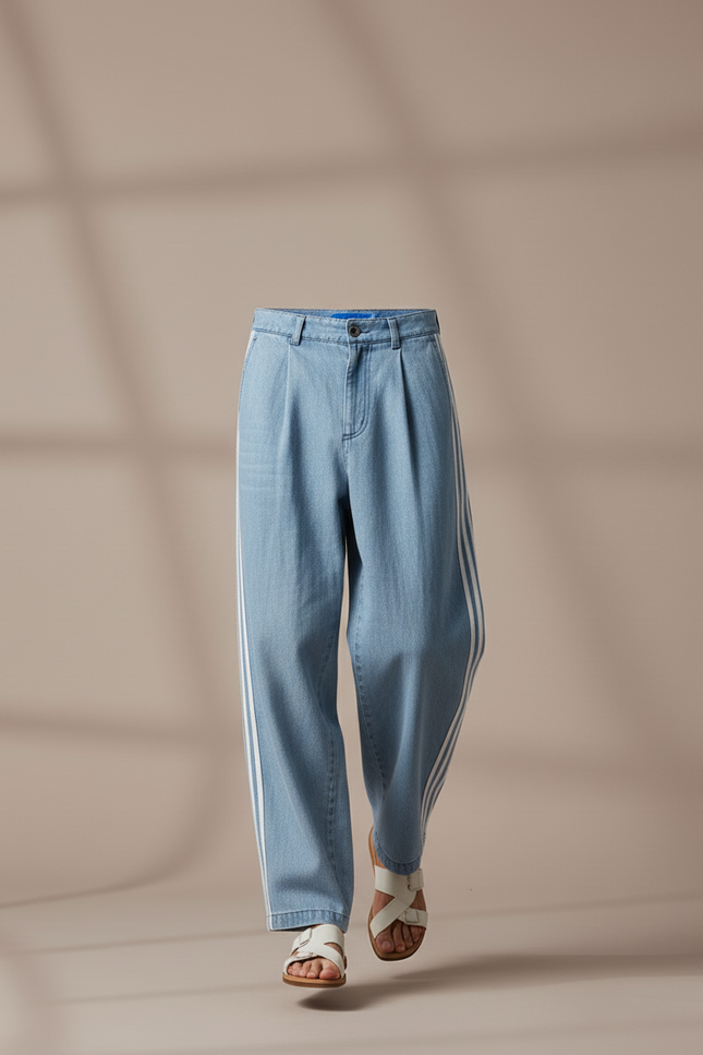 Pantalon Baggy Jean Bleu Clair Rayures Blanches Ample - vue 3