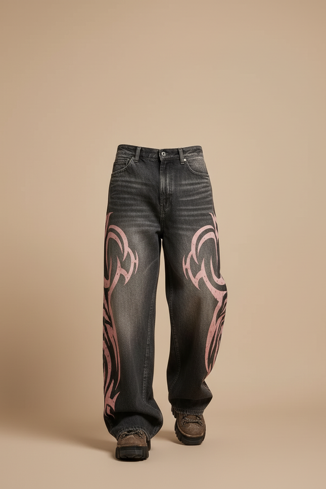 Pantalon Baggy Gris Délavé Ample Imprimé Rose Homme - Jean - vue 3