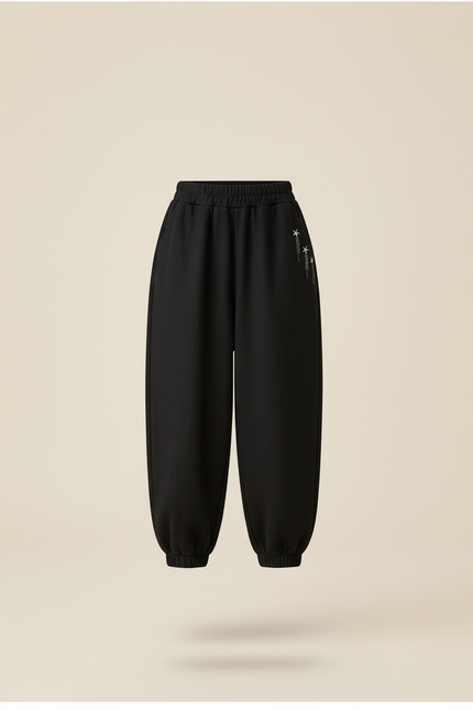 Pantalon Baggy Noir Ample Élastiqué Étoiles Fille - Molleton - vue 3