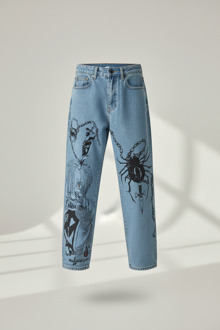 Pantalon Baggy Jean Clair Ample Imprimé Araignée Unisexe - Bleu - vue 3