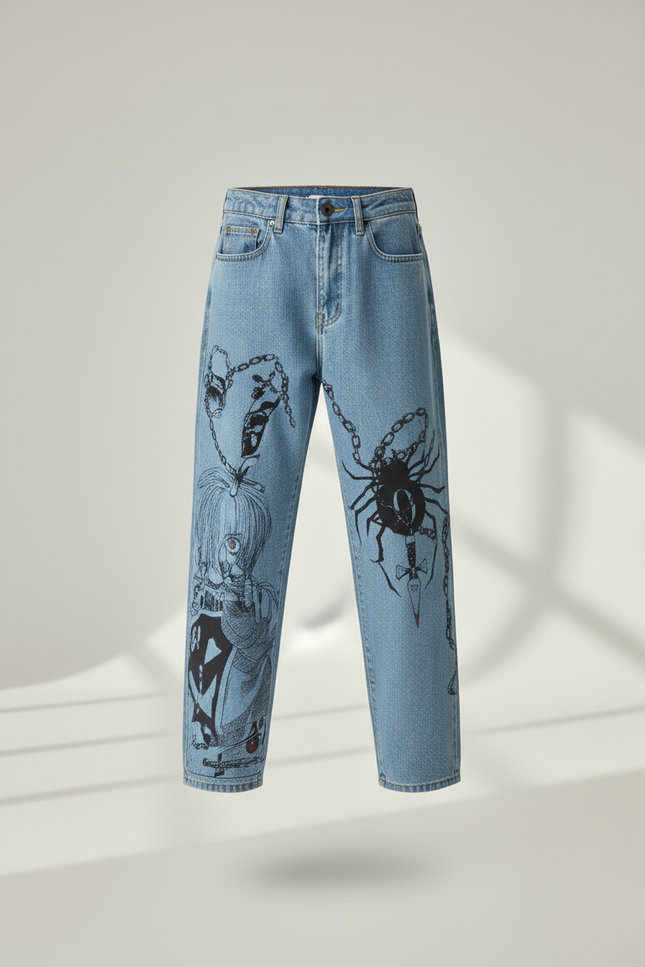 Pantalon Baggy Jean Clair Ample Imprimé Araignée Unisexe - Bleu - vue 3