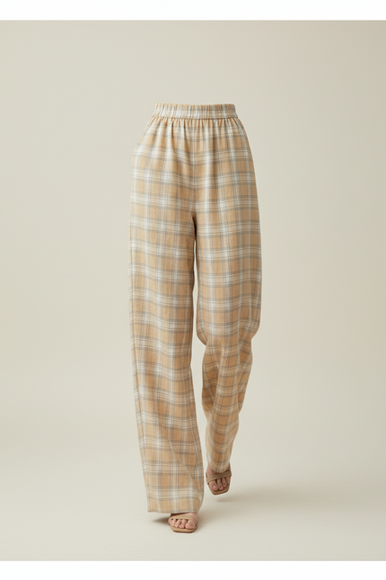 Pantalon Baggy Plaid Écru Ample Décontracté Femme - Beige Lin - vue 3
