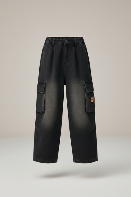 Pantalon Baggy Noir Délavé Ample Cargo Garçon Décontracté - Jean - vue 3