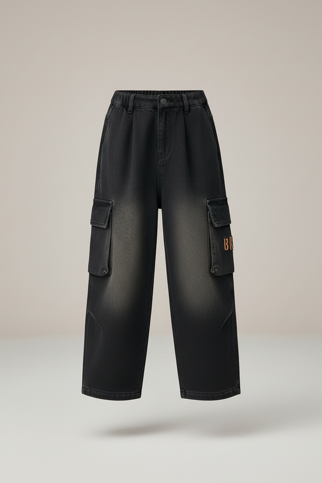 Pantalon Baggy Noir Délavé Ample Cargo Garçon Décontracté - Jean - vue 3