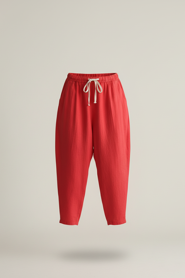 Pantalon Baggy Rouge Lin Ample Décontracté Cordon - vue 3