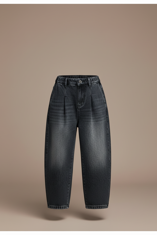 Pantalon Baggy Jean Gris Ample Décontracté Plissé - vue 3
