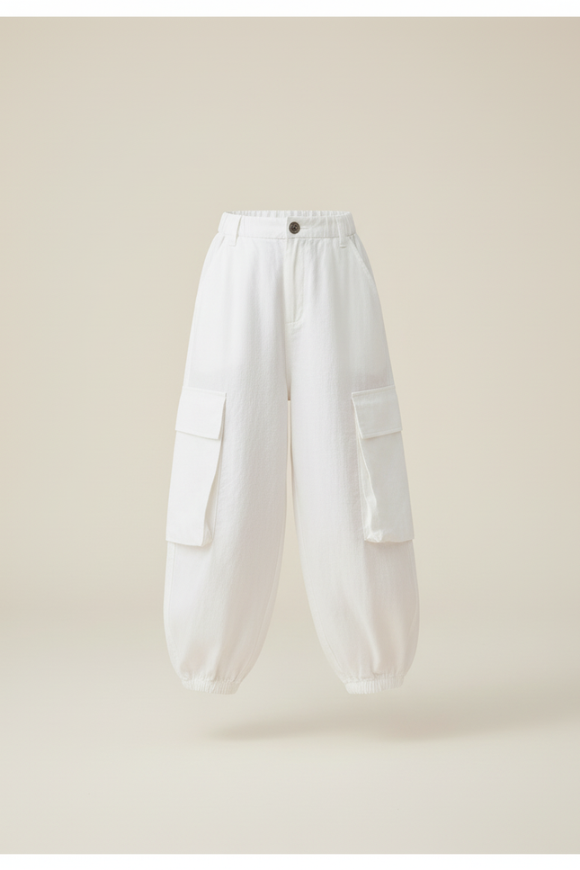 Pantalon Baggy Blanc Ample Cargo Cordon Fille - Lin - vue 3