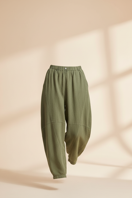 Pantalon Baggy Vert Coton Lin Ample Décontracté Femme - Kaki - vue 3