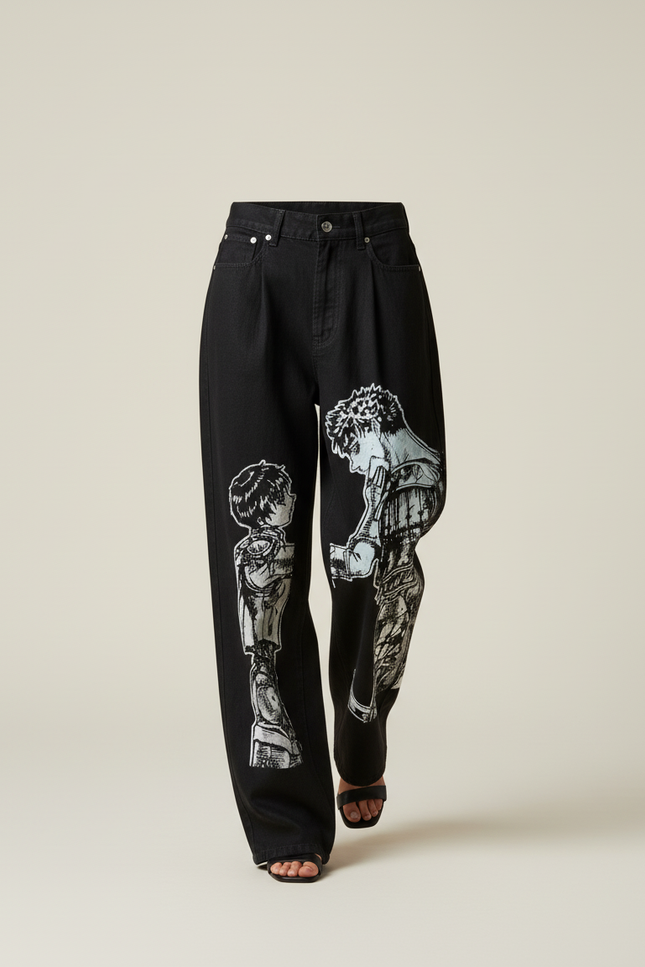 Pantalon Baggy Noir Ample Imprimé Manga Femme - Jean - vue 3