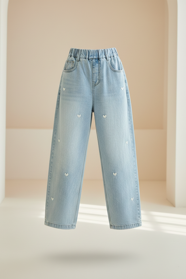 Pantalon Baggy Jean Bleu Ciel Cœurs Brodés Fille - vue 3