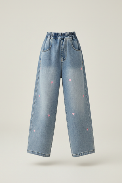 Pantalon Baggy Denim Cœur Brodé Ample Enfant - Bleu Jean - vue 3