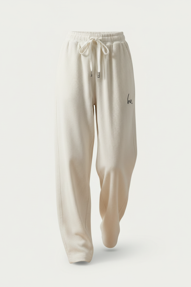 Pantalon Baggy Crème Côtelé Ample Brodé Décontracté - Beige Cordé - vue 3