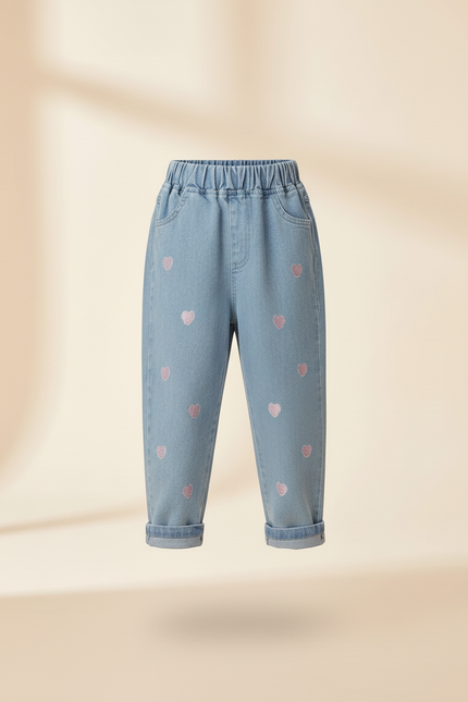 Pantalon Baggy Coeurs Brodés Bleu Clair Ample Fille - Jean - vue 3