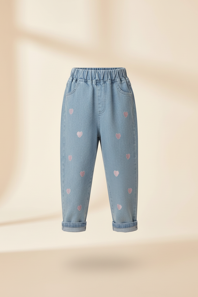 Pantalon Baggy Coeurs Brodés Bleu Clair Ample Fille - Jean - vue 3