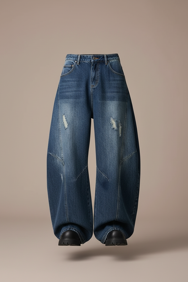 Pantalon Baggy Bleu Jean Ample Délavé Homme - vue 3