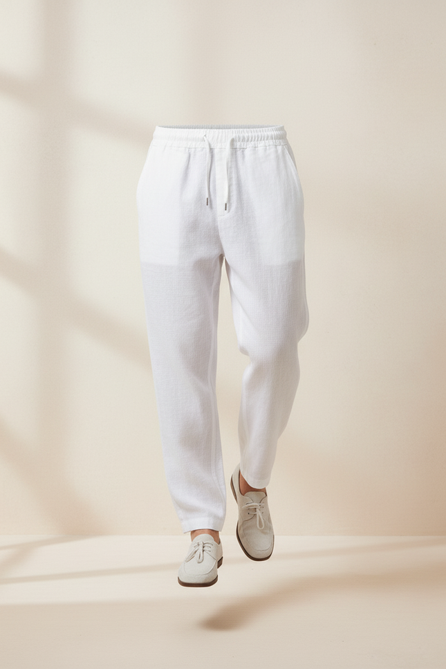 Pantalon Baggy Blanc Lin Lâche Cordon Décontracté Homme - vue 3