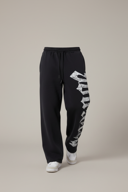 Pantalon Baggy Noir Ample Imprimé Coton Décontracté - Molleton - vue 3