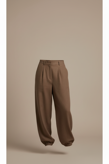 Pantalon Baggy Marron Ample Plissé Décontracté Femme - Lin - vue 3
