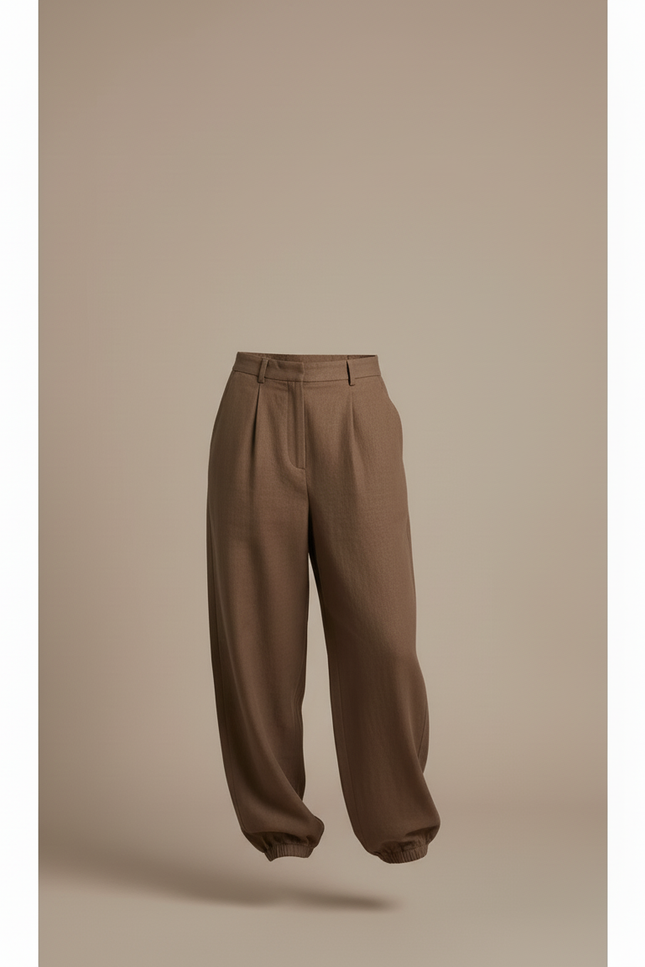 Pantalon Baggy Marron Ample Plissé Décontracté Femme - Lin - vue 3