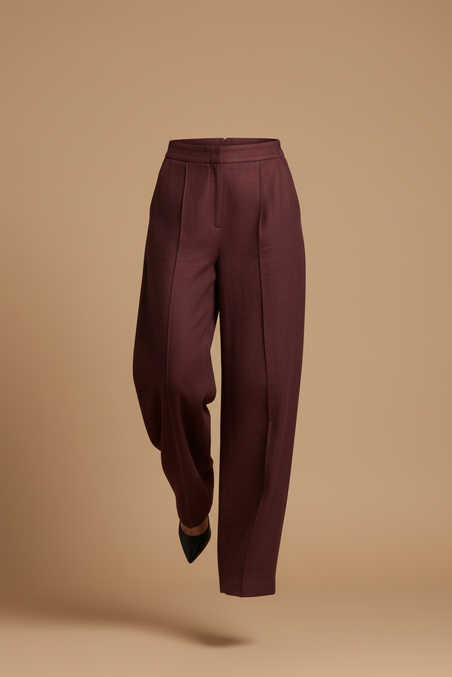 Pantalon Baggy Bordeaux Ample Droit Taille Haute Élégant - Laine - vue 3
