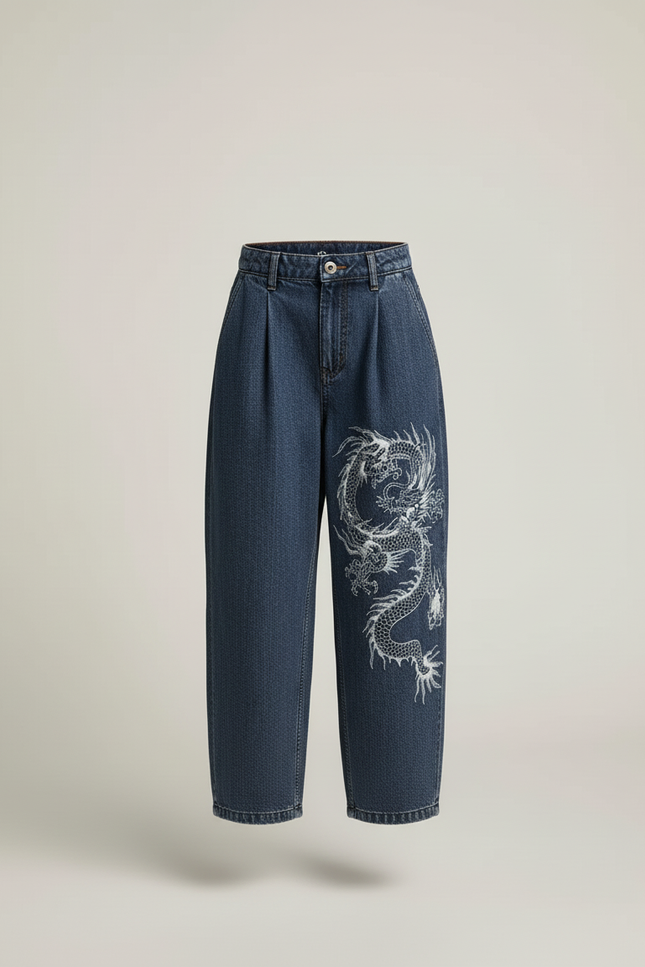Pantalon Baggy Jean Bleu Brodé Dragon Ample - vue 3