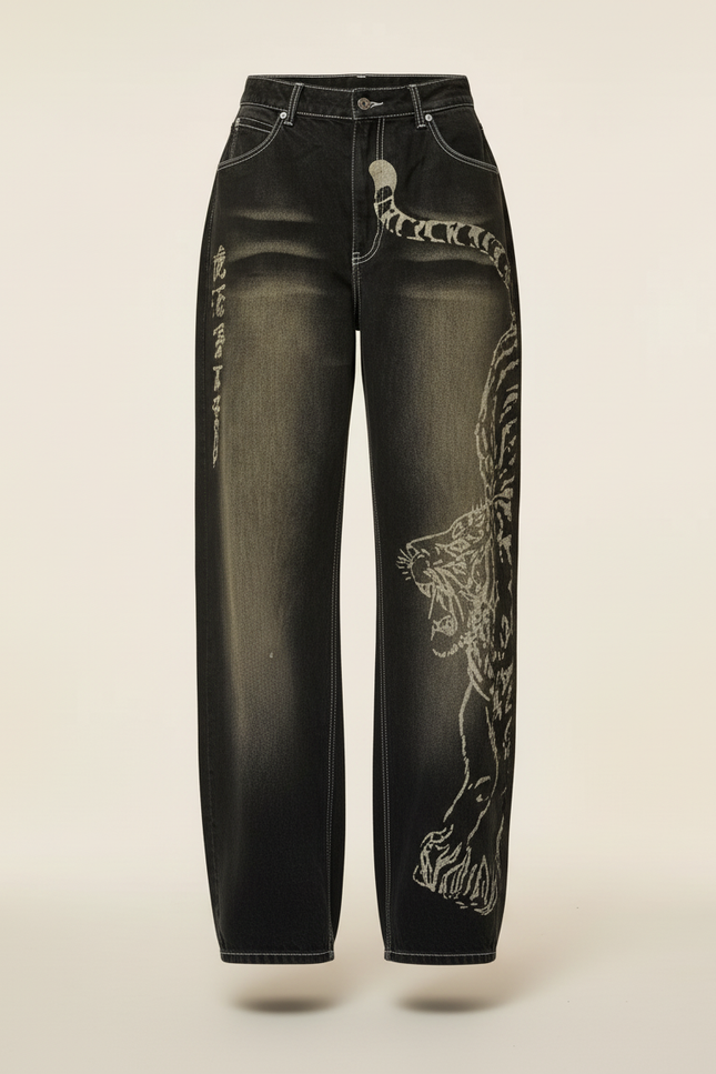 Pantalon Baggy Noir Délavé Brodé Ample Streetwear Femme - Jean - vue 3