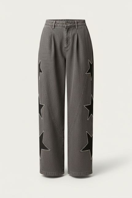 Pantalon Baggy Gris Étoiles Cloutées Ample Denim Femme - Jean - vue 3