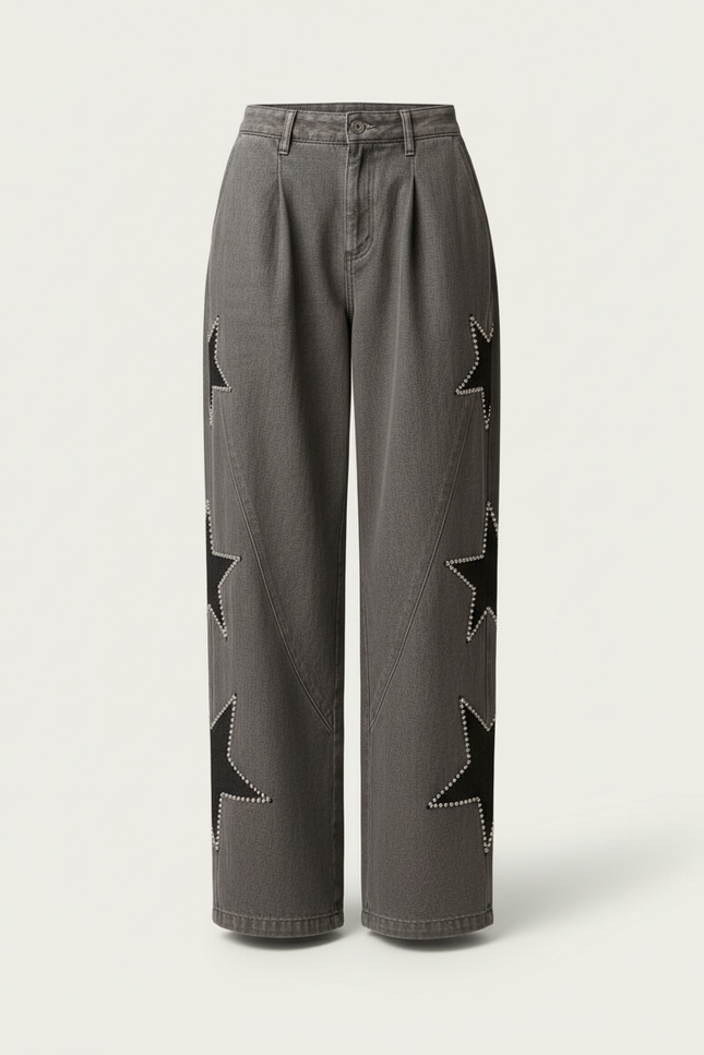 Pantalon Baggy Gris Étoiles Cloutées Ample Denim Femme - Jean - vue 3