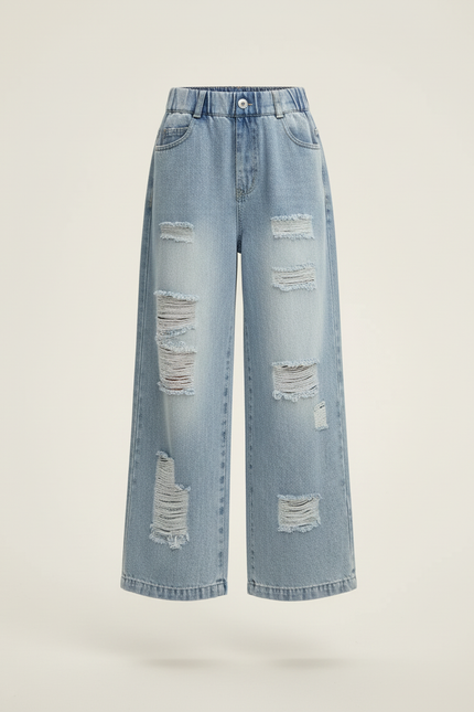 Pantalon Baggy Bleu Jean Ample Délavé Fille - vue 3
