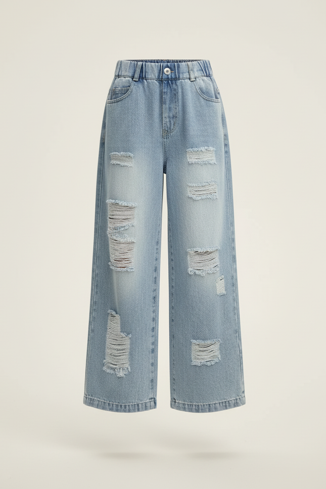 Pantalon Baggy Bleu Jean Ample Délavé Fille - vue 3