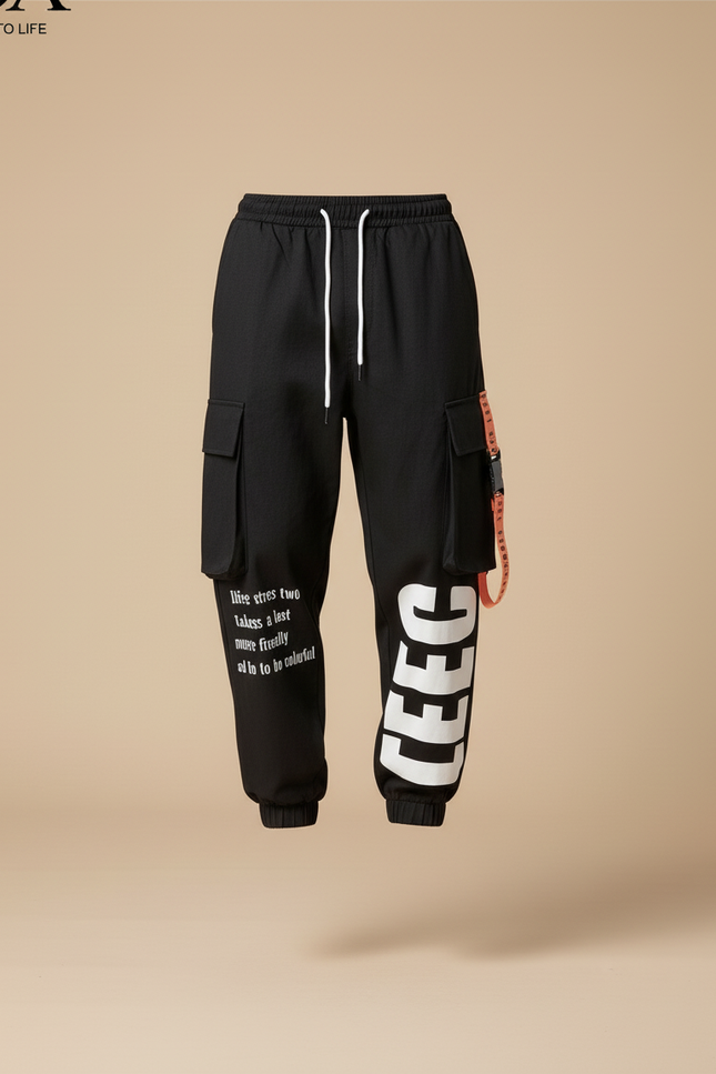 Pantalon Baggy Noir Cargo Imprimé Cordon Homme - Molleton - vue 3
