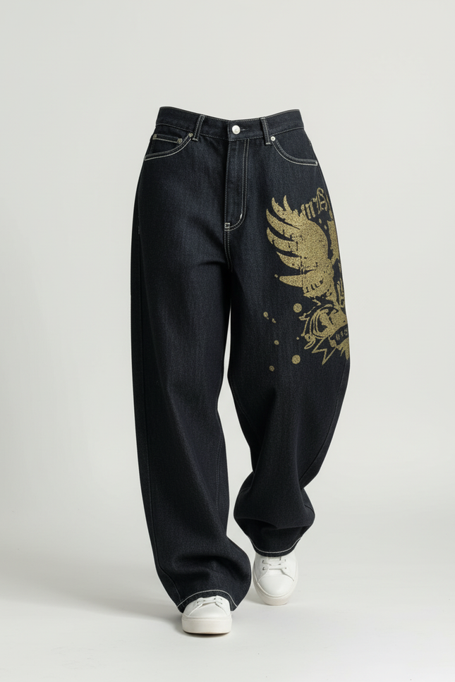 Pantalon Baggy Noir Ample Imprimé Streetwear Y2K - Jean - vue 3