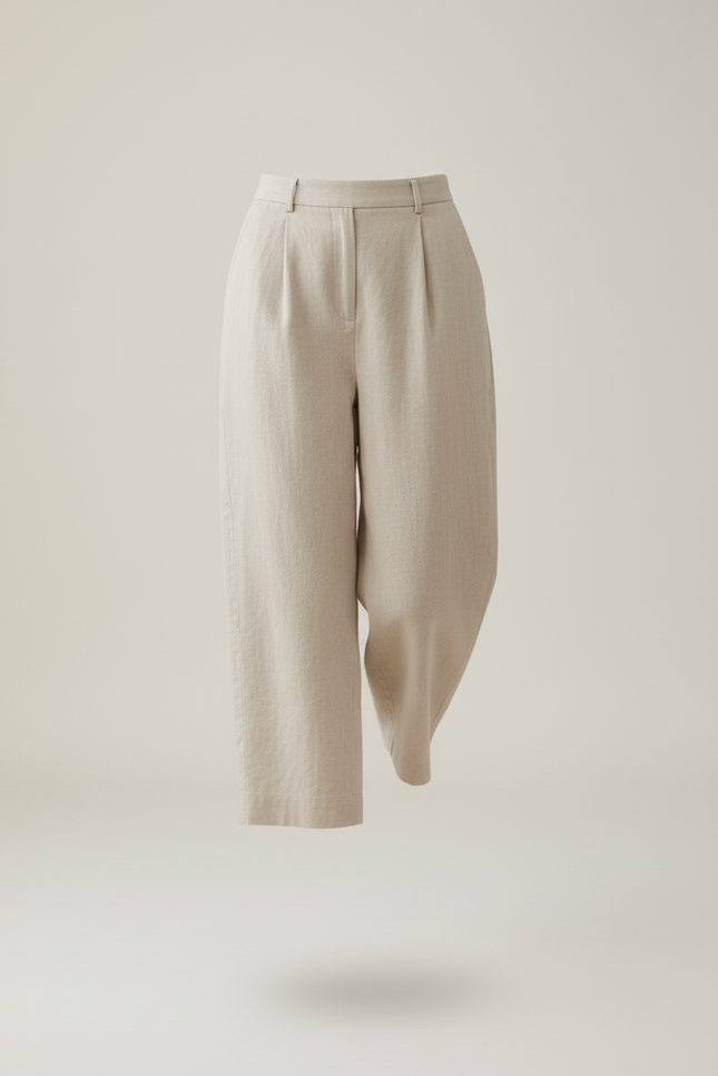 Pantalon Baggy Lin Ample Beige Court Décontracté Femme - vue 3