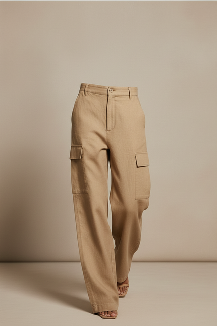 Pantalon Baggy Cargo Ample Lin Beige Poches - vue 3